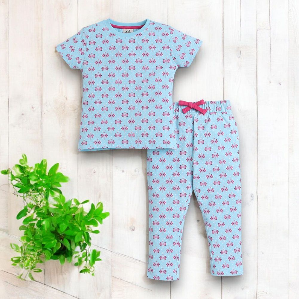 Victor and Jane - Girls Pyjama All-Over Printed T-Shirt And Long Pants Set - Blue