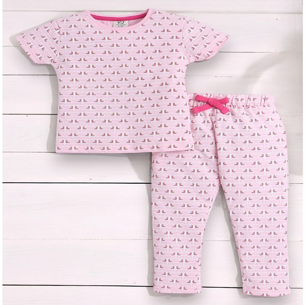 Victor and Jane - Girls Pyjama All-Over Butterfly Printed T-Shirt And Long Pants Set - Pink