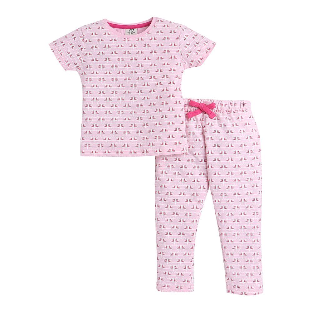 Victor and Jane - Girls Pyjama All-Over Butterfly Printed T-Shirt And Long Pants Set - Pink