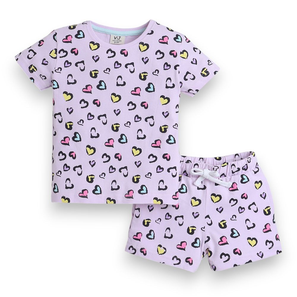 Victor And Jane - 2pc-Set - Girl's All Over Heart Printed T-Shirt And Shorts