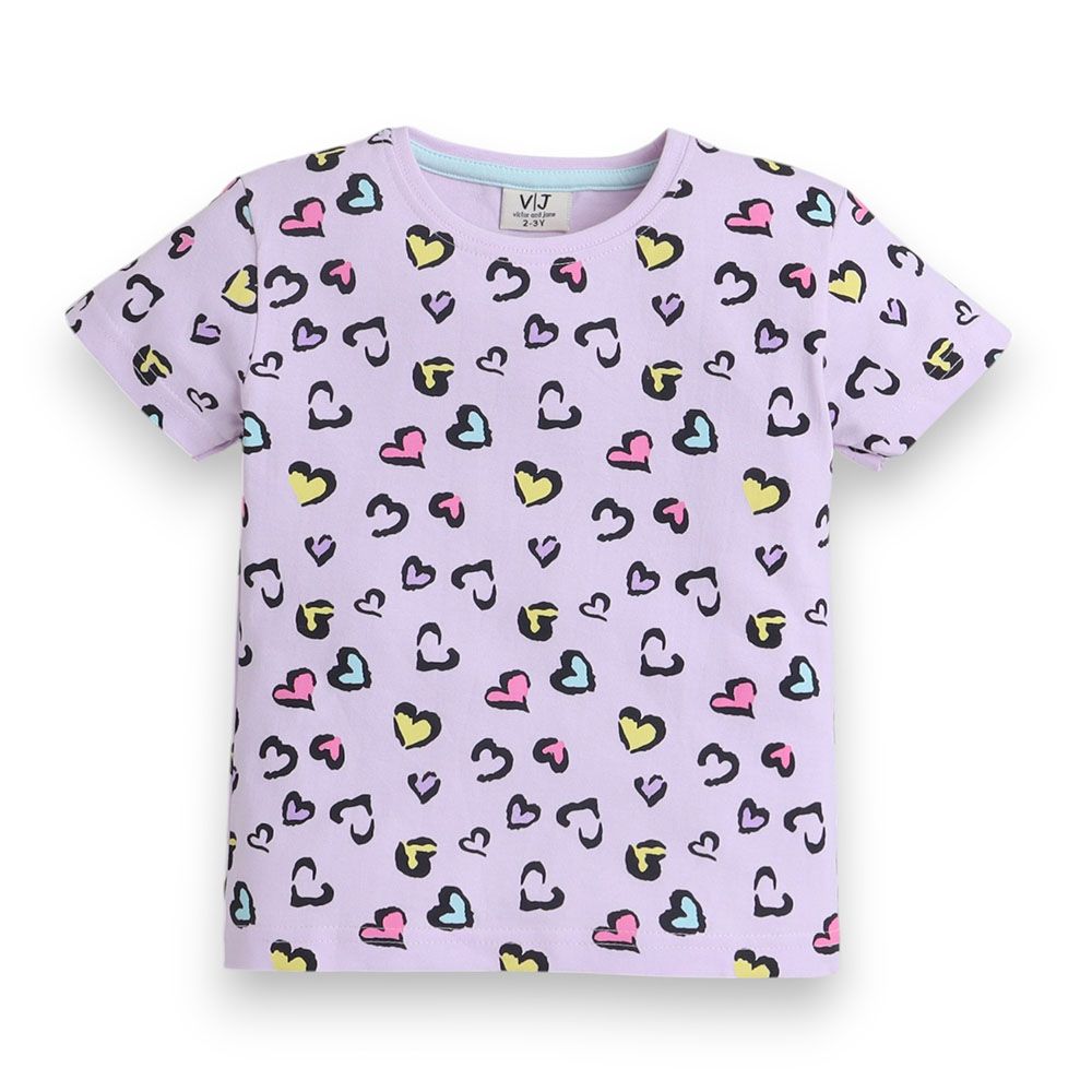 Victor And Jane - 2pc-Set - Girl's All Over Heart Printed T-Shirt And Shorts