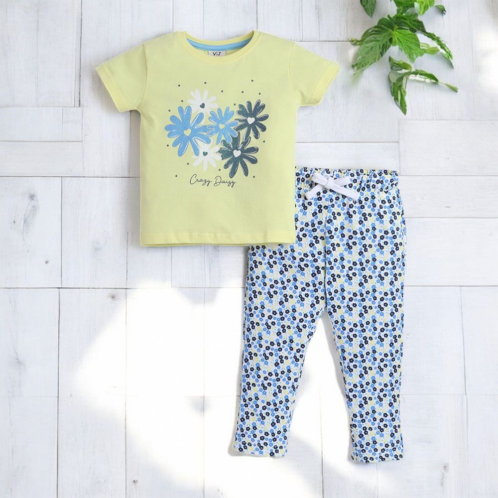 Victor and Jane - Flower Printed Girls Pyjama Set - Yellow