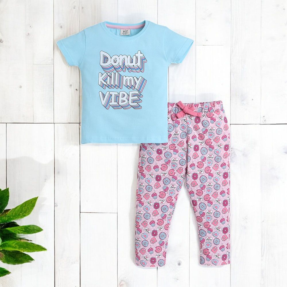 Victor and Jane - Donut Printed Girls Pyjama Set - Blue