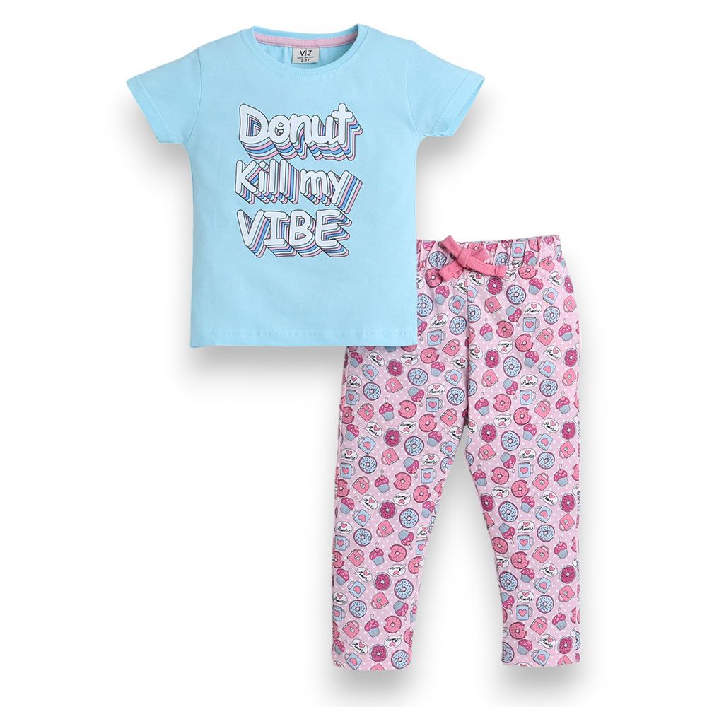 Victor and Jane - Donut Printed Girls Pyjama Set - Blue