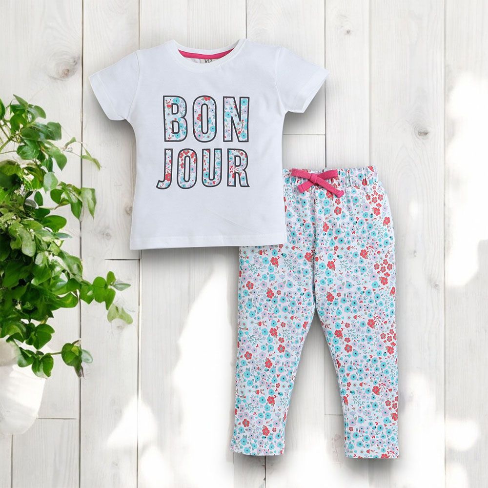 Victor and Jane - Girls Pyjama Printed T-Shirt And Long Pants Set - Off-White