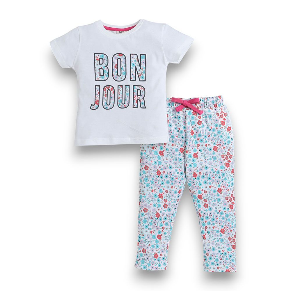 Victor and Jane - Girls Pyjama Printed T-Shirt And Long Pants Set - Off-White