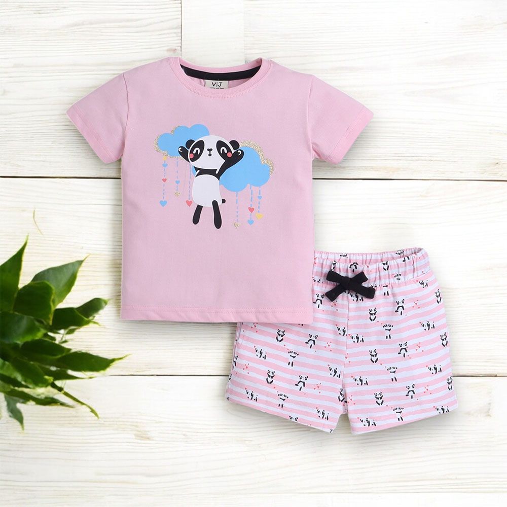 Victor And Jane - 2pc-Set - Girl's Panda Printed T-Shirt And Shorts - Pink