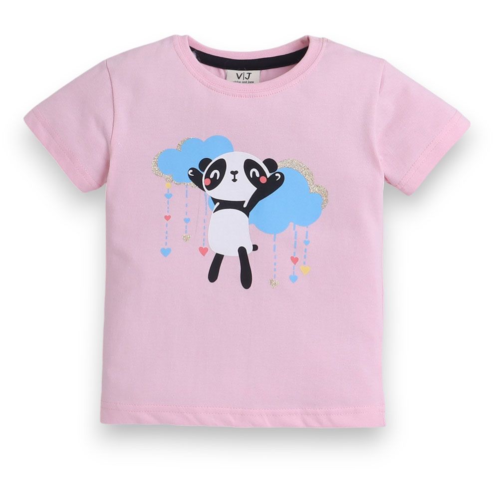 Victor And Jane - 2pc-Set - Girl's Panda Printed T-Shirt And Shorts - Pink