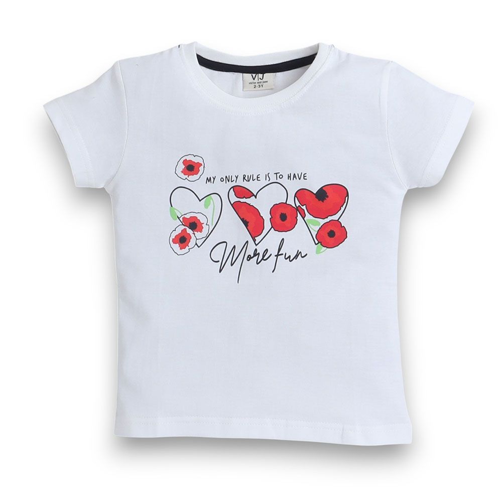 Victor and Jane - Girls Pyjama Printed T-Shirt And Shorts Set - Off-White/Red