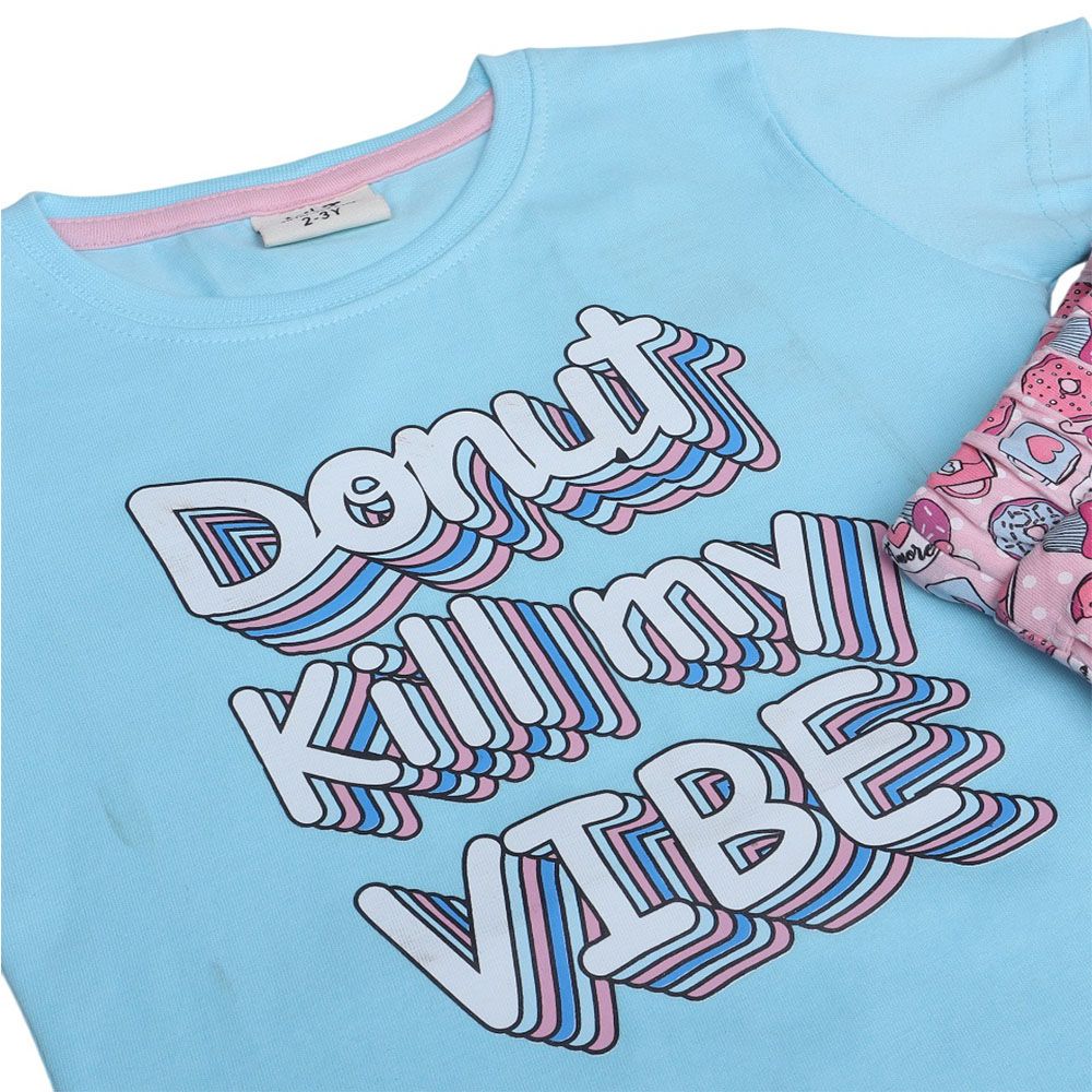 Victor And Jane - 2pc-Set - Girl's Printed T-Shirt And Shorts - Blue/Pink