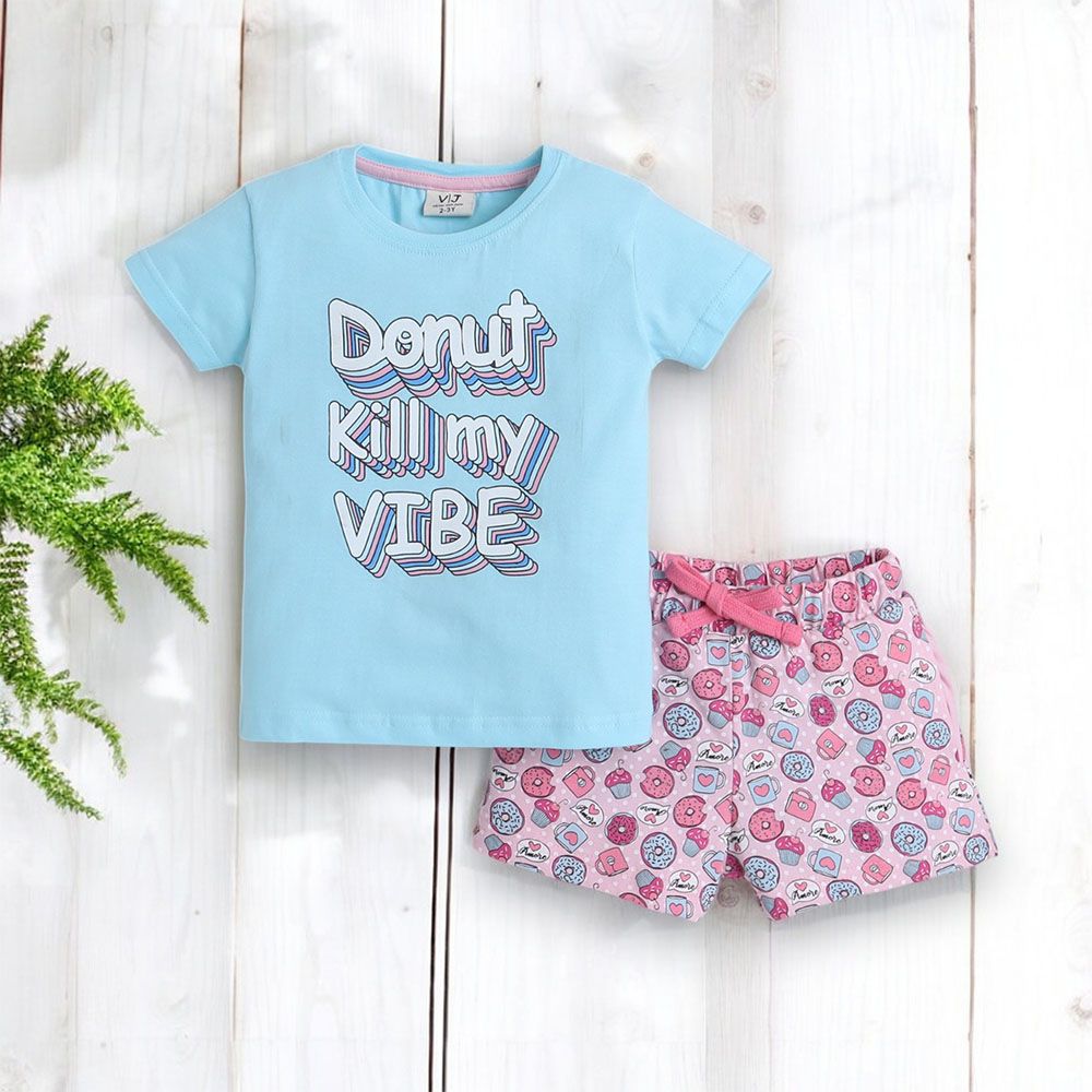 Victor And Jane - 2pc-Set - Girl's Printed T-Shirt And Shorts - Blue/Pink