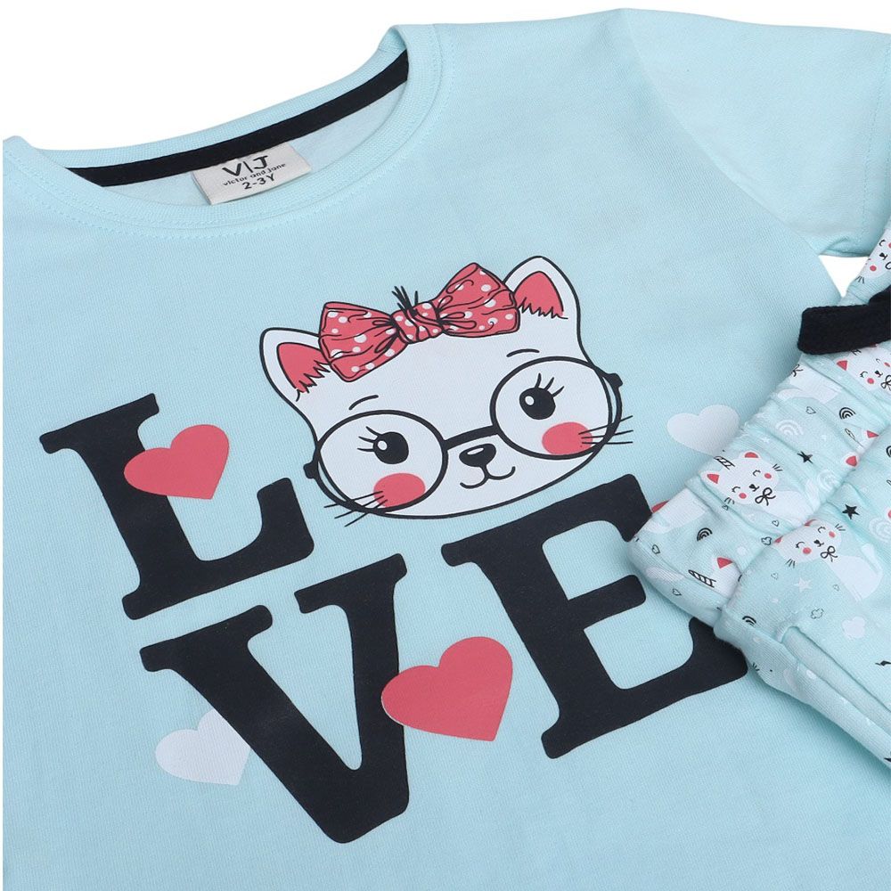 Victor And Jane - 2pc-Set - Girl's Love Printed T-Shirt And Shorts - Sky Blue