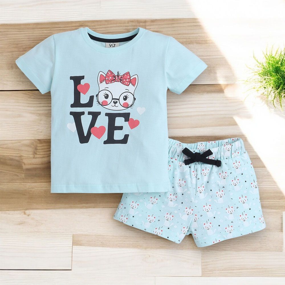 Victor And Jane - 2pc-Set - Girl's Love Printed T-Shirt And Shorts - Sky Blue