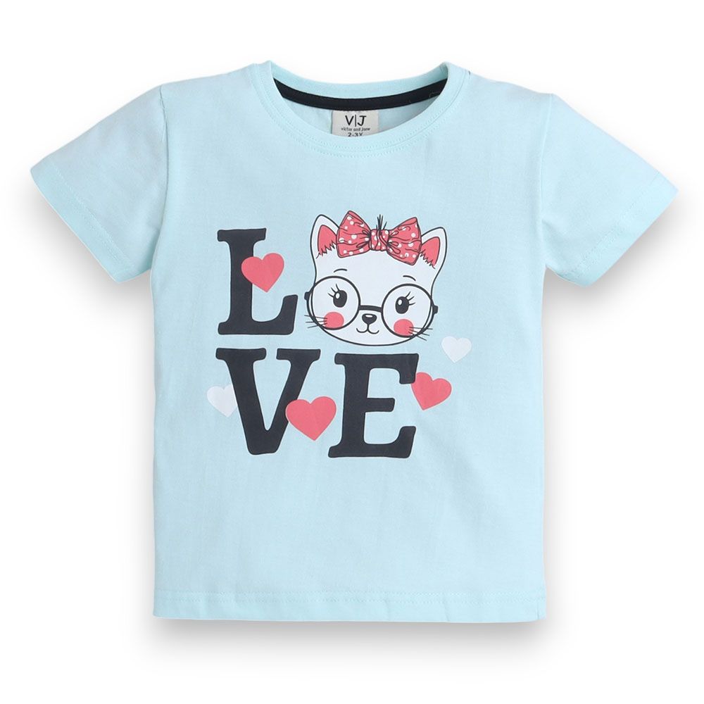 Victor And Jane - 2pc-Set - Girl's Love Printed T-Shirt And Shorts - Sky Blue