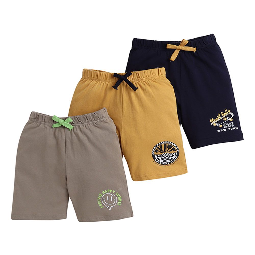 Victor And Jane - Boys Slogan Print Pull-on Shorts - 3 Pcs - Mustard/Olive/Navy