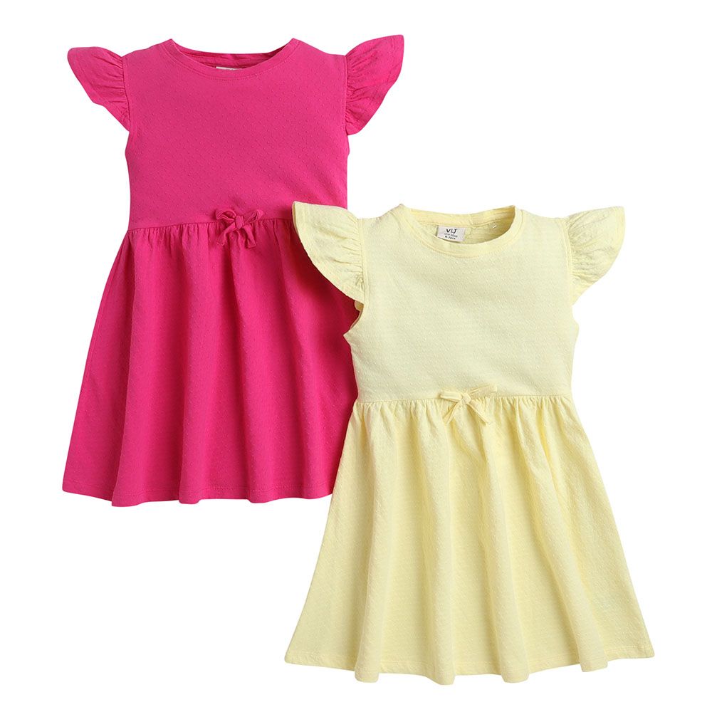 Victor And Jane - Girls Ruffle Cotton Dress - Fuchsia And Yellow - 2 Pcs