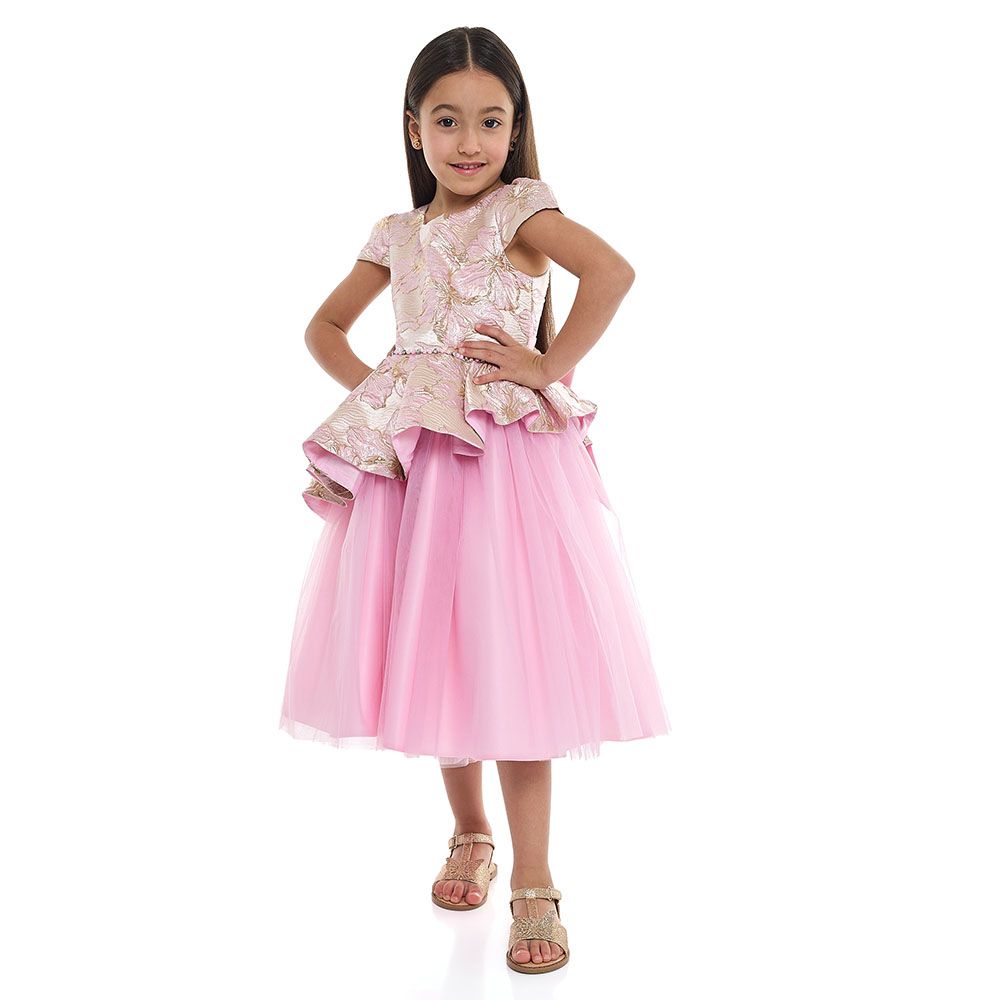 Victor And Jane - Girl's Elegant Jacquard & Tulle Party Dress - Pink