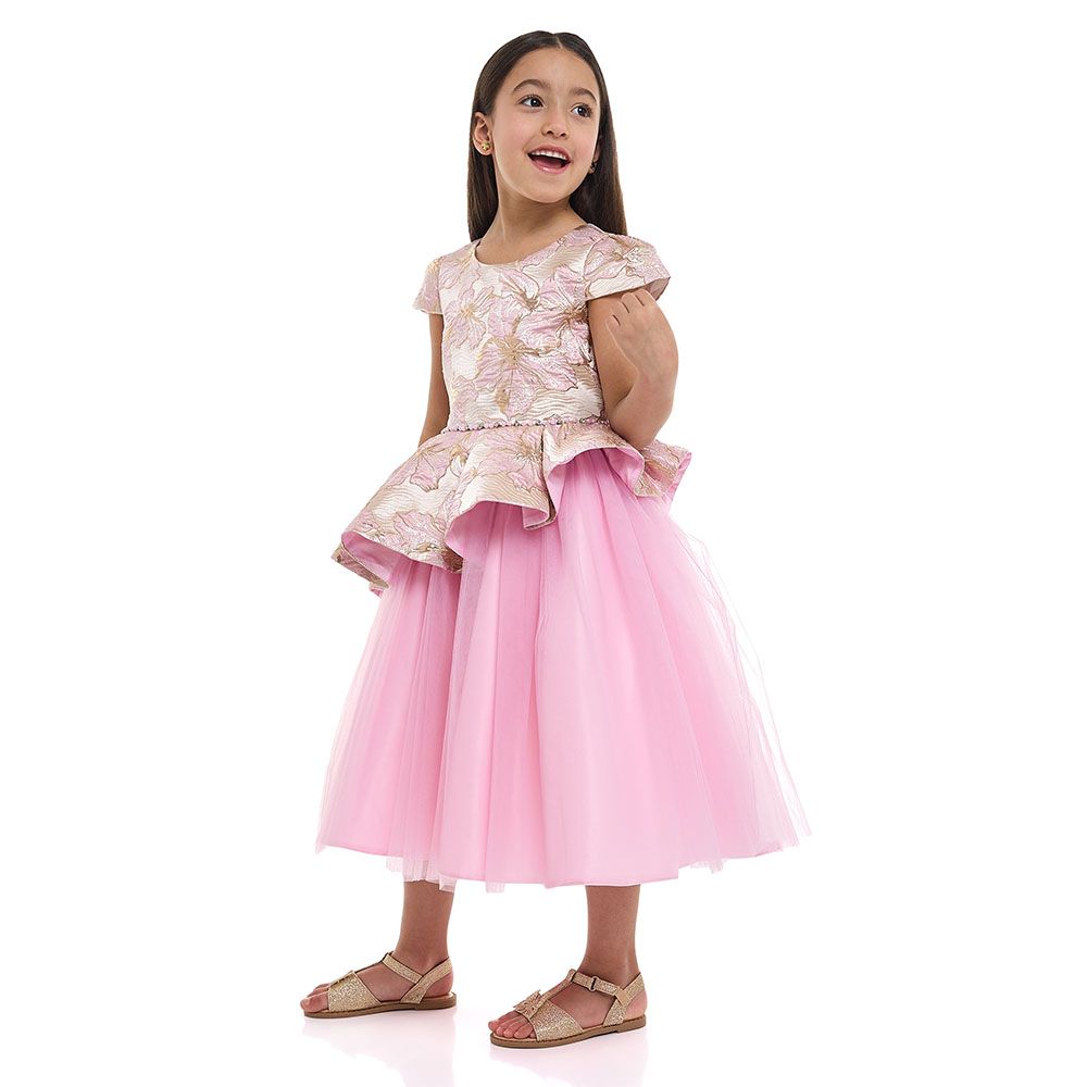 Victor And Jane - Girl's Elegant Jacquard & Tulle Party Dress - Pink