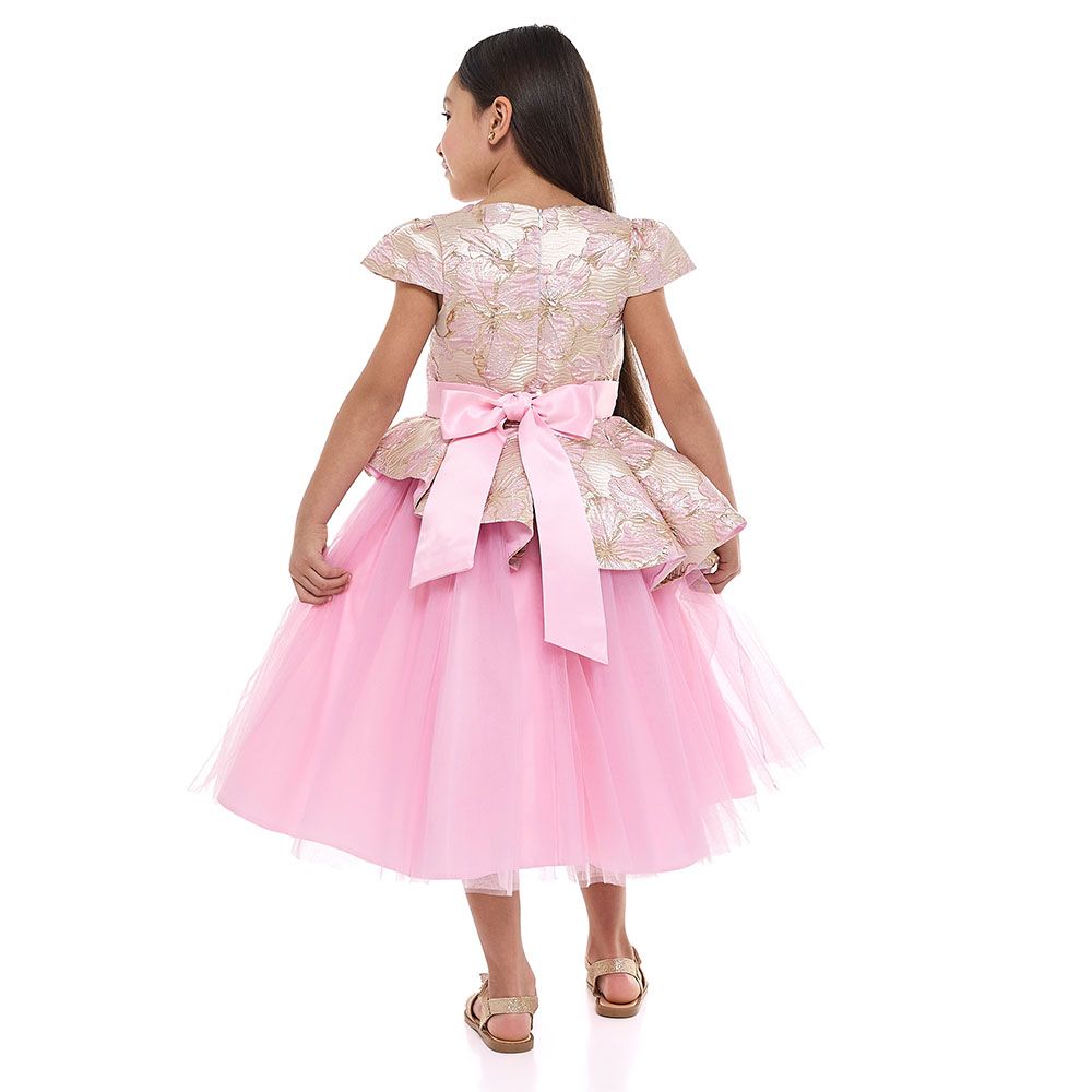 Victor And Jane - Girl's Elegant Jacquard & Tulle Party Dress - Pink