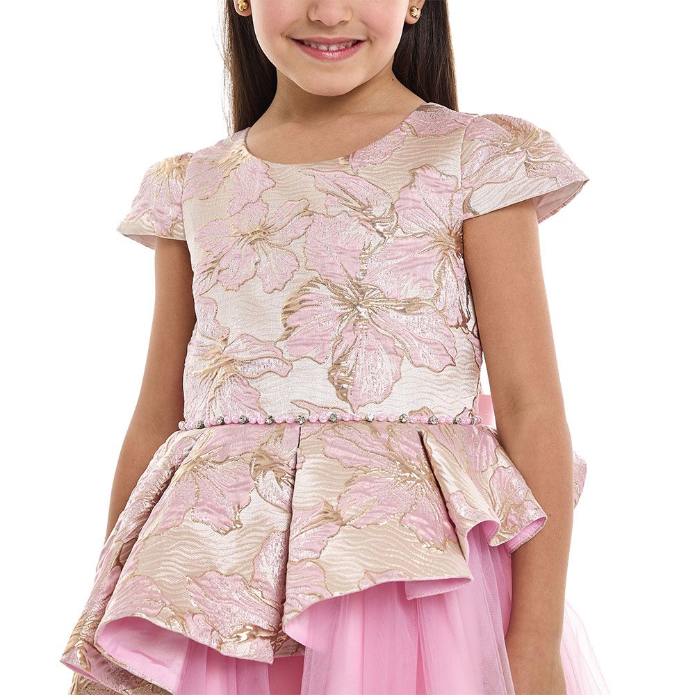 Victor And Jane - Girl's Elegant Jacquard & Tulle Party Dress - Pink