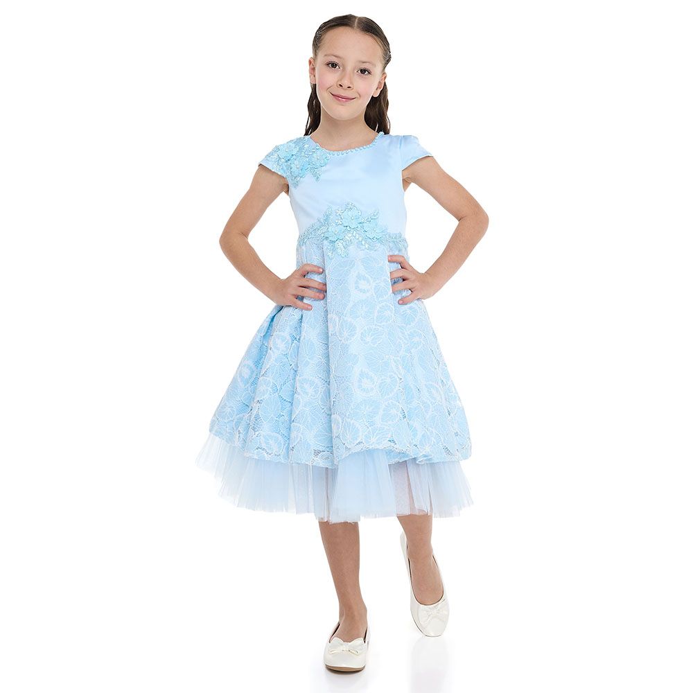 Victor And Jane - Girl's Chic Satin & Lace Party Dress - Sky Blue