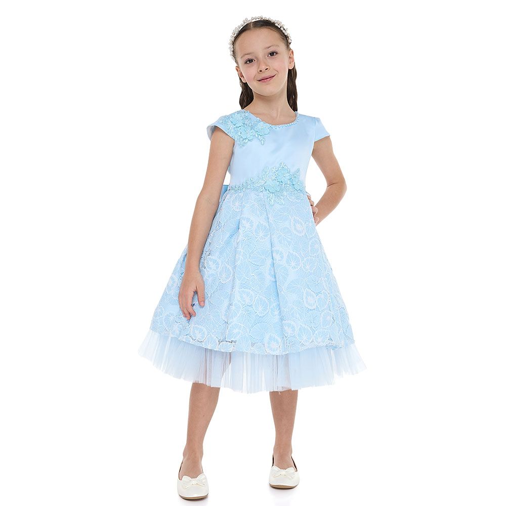 Victor And Jane - Girl's Chic Satin & Lace Party Dress - Sky Blue