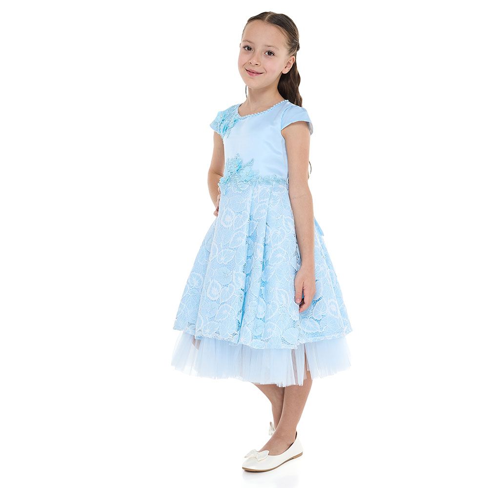 Victor And Jane - Girl's Chic Satin & Lace Party Dress - Sky Blue