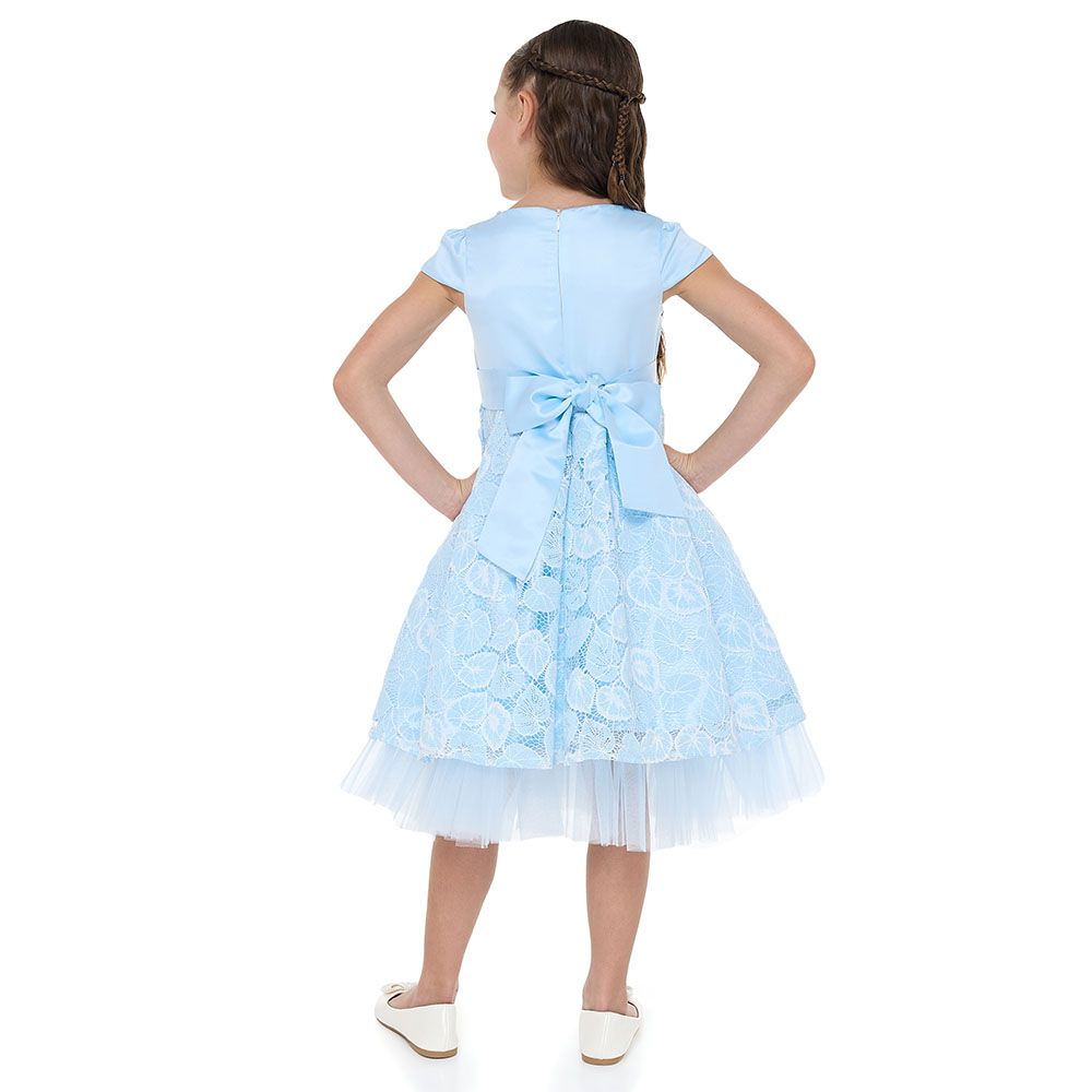 Victor And Jane - Girl's Chic Satin & Lace Party Dress - Sky Blue