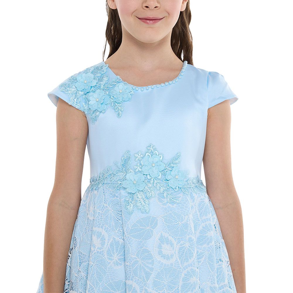 Victor And Jane - Girl's Chic Satin & Lace Party Dress - Sky Blue