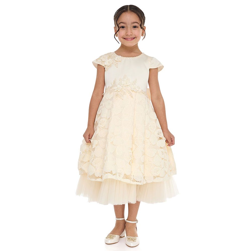 Victor And Jane - Girl's Chic Satin & Lace Party Dress - Champagne