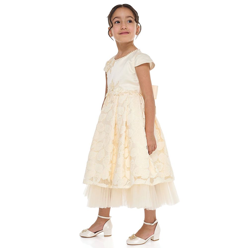 Victor And Jane - Girl's Chic Satin & Lace Party Dress - Champagne