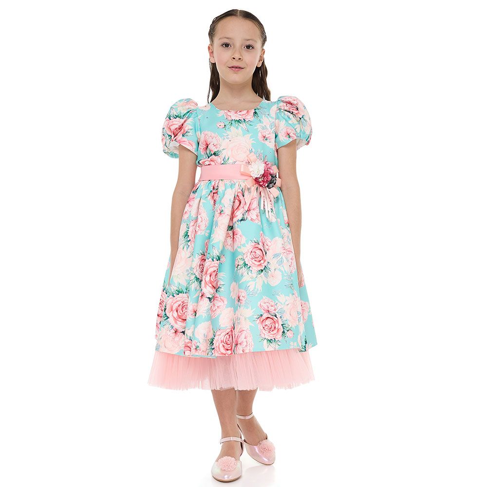 Victor And Jane - Girl's Floral Satin Dress With Mesh Edge - Pink/Blue