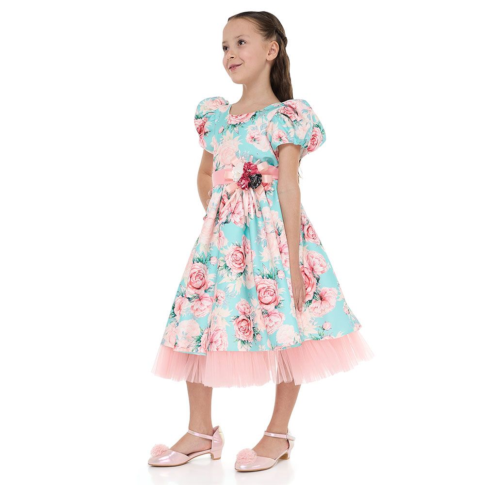 Victor And Jane - Girl's Floral Satin Dress With Mesh Edge - Pink/Blue