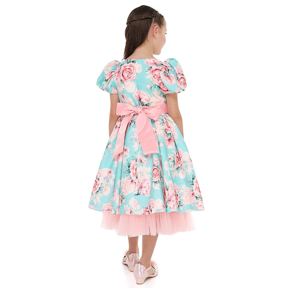 Victor And Jane - Girl's Floral Satin Dress With Mesh Edge - Pink/Blue