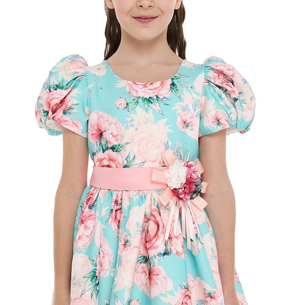 Victor And Jane - Girl's Floral Satin Dress With Mesh Edge - Pink/Blue