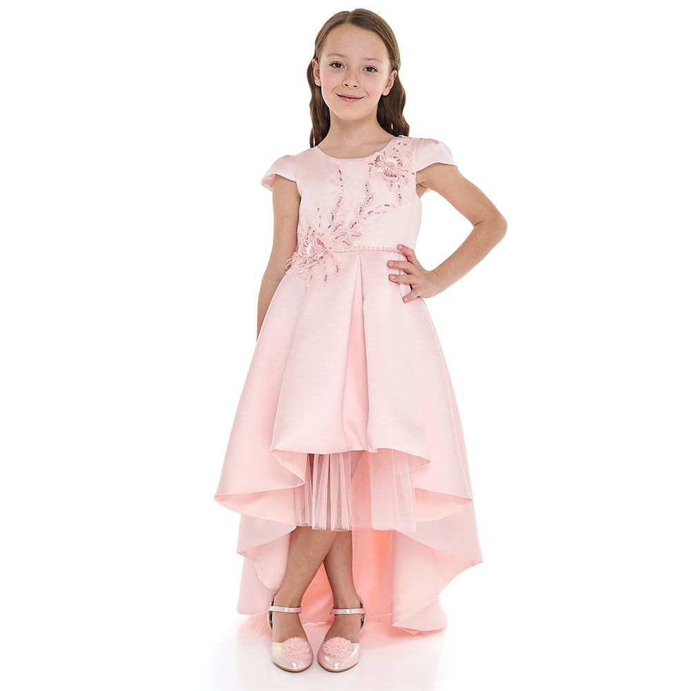 Victor And Jane - Girl's Beaded Embroidery Low Tail Dress - Peach