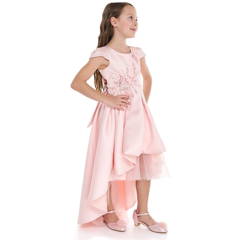 Victor And Jane - Girl's Beaded Embroidery Low Tail Dress - Peach