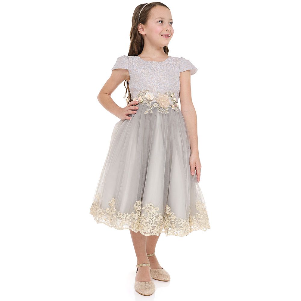 Victor And Jane - Girl's Jacquard And Tulle Dress - Grey/Gold