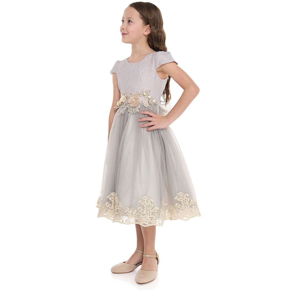 Victor And Jane - Girl's Jacquard And Tulle Dress - Grey/Gold