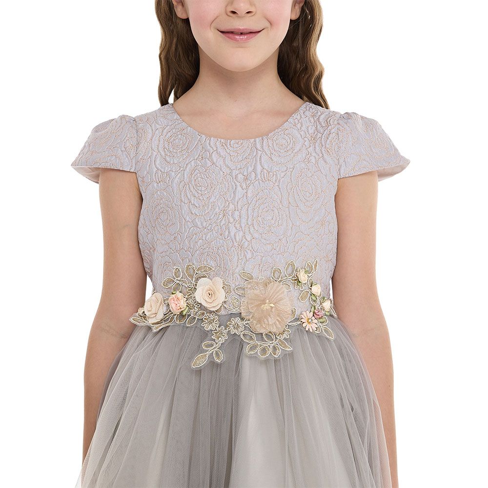 Victor And Jane - Girl's Jacquard And Tulle Dress - Grey/Gold