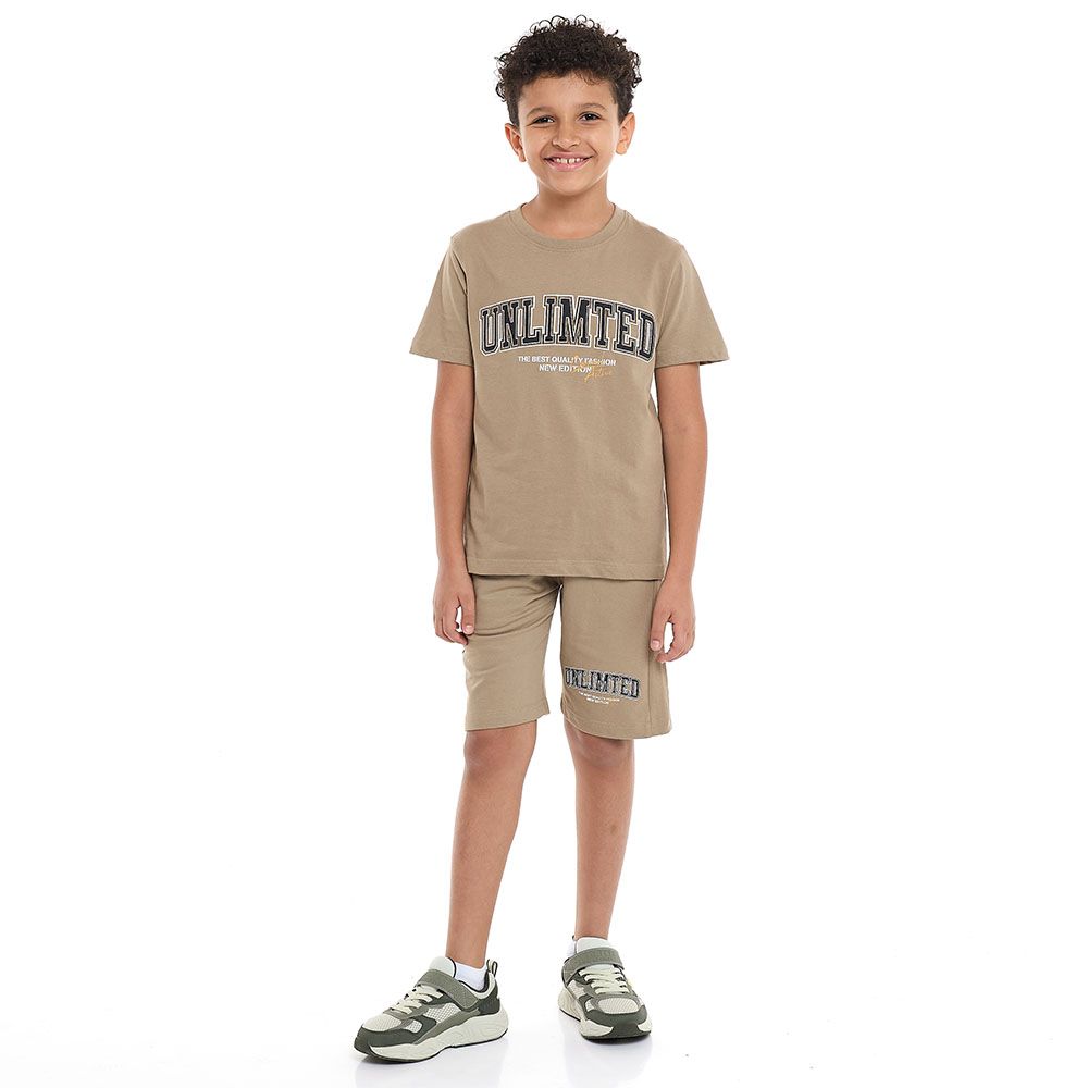 Victor And Jane - 2pc-Set - Boy's Unlimited Printed T-Shirt & Shorts - Dark Beige