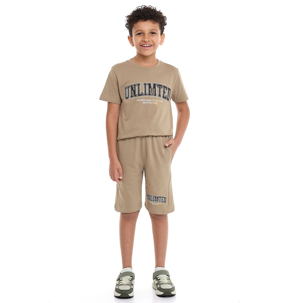 Victor And Jane - 2pc-Set - Boy's Unlimited Printed T-Shirt & Shorts - Dark Beige