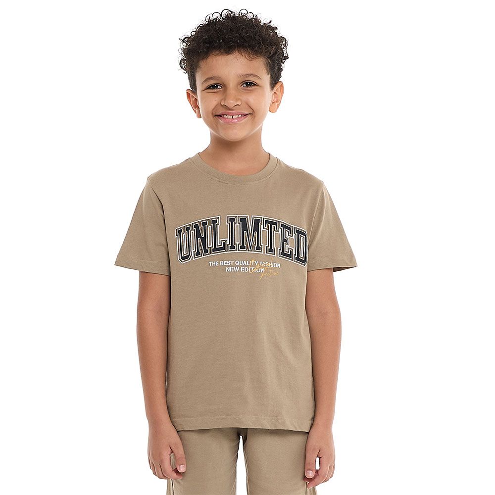 Victor And Jane - 2pc-Set - Boy's Unlimited Printed T-Shirt & Shorts - Dark Beige