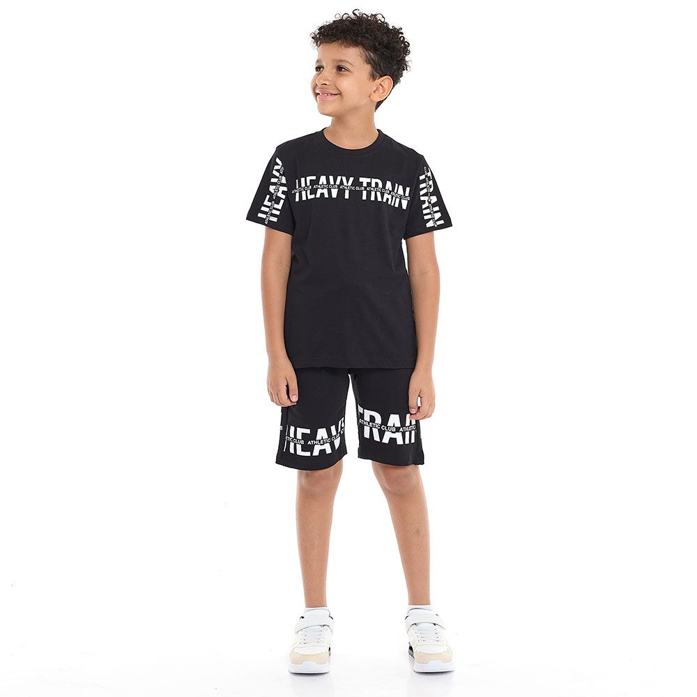 Victor And Jane - 2pc-Set - Boy's Slogan Printed T-Shirt & Shorts - Black