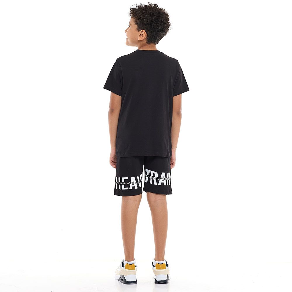 Victor And Jane - 2pc-Set - Boy's Slogan Printed T-Shirt & Shorts - Black