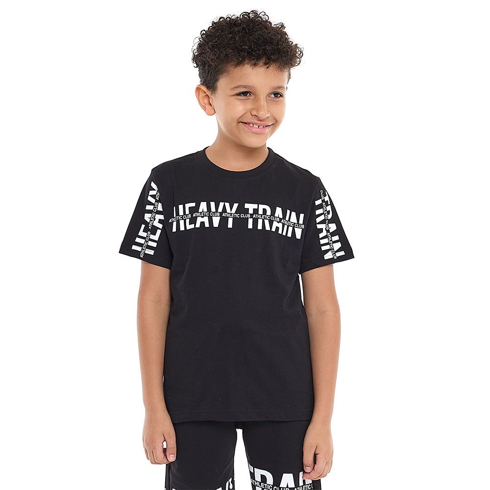 Victor And Jane - 2pc-Set - Boy's Slogan Printed T-Shirt & Shorts - Black