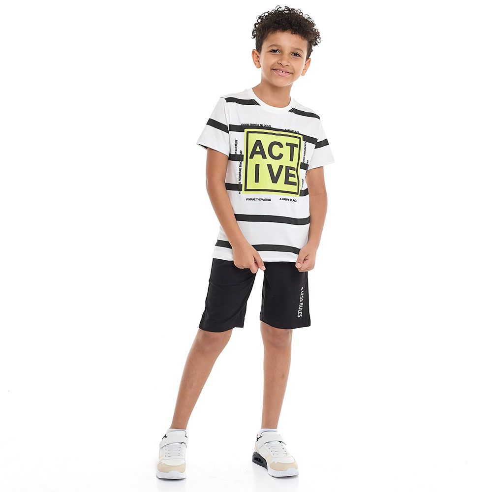 Victor And Jane - 2pc-Set - Boy's Striped T-Shirt & Shorts - White/Black