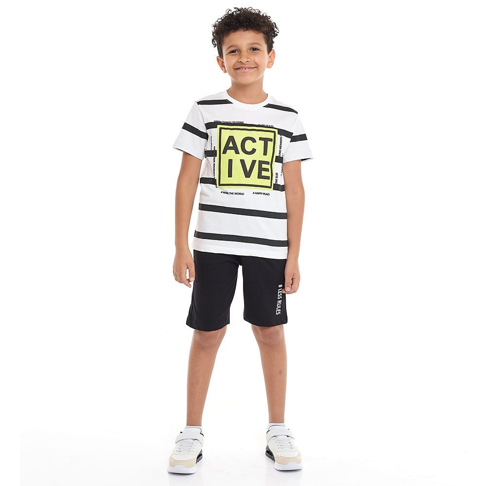 Victor And Jane - 2pc-Set - Boy's Striped T-Shirt & Shorts - White/Black