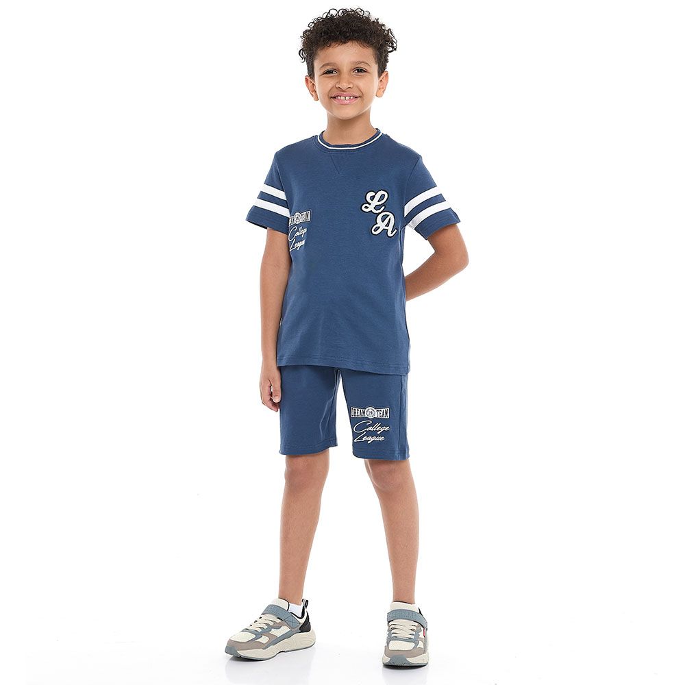 Victor And Jane - 2pc-Set - Boy's LA Embroidered T-Shirt & Shorts - Sea Blue