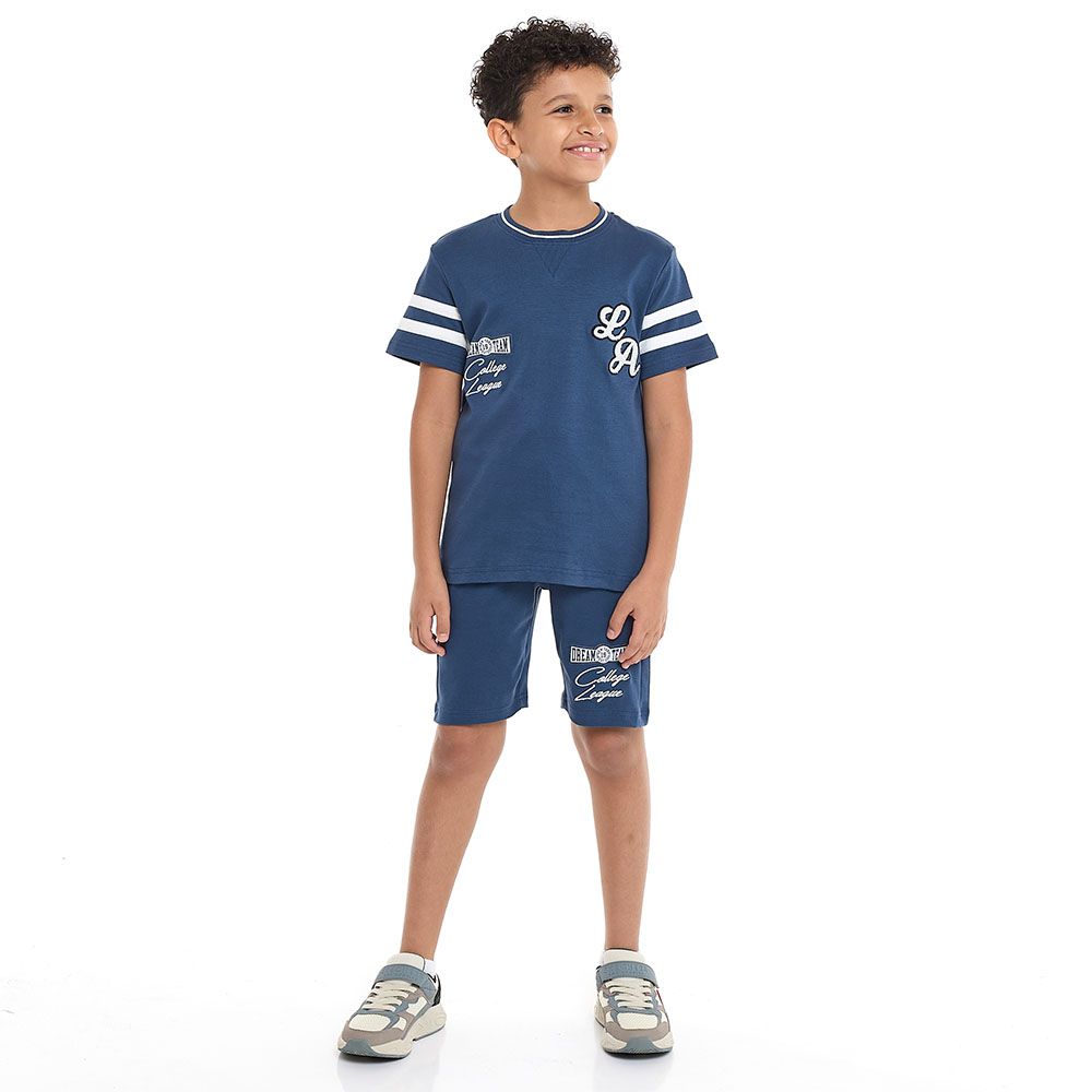 Victor And Jane - 2pc-Set - Boy's LA Embroidered T-Shirt & Shorts - Sea Blue